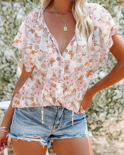 Spring Blossom | Women's Relaxed Fit V-Neck Top with Short Sleeves