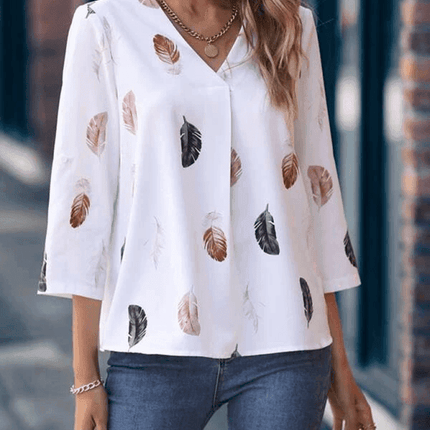 Stylish Feather Motif V-Neck Short Sleeve Top