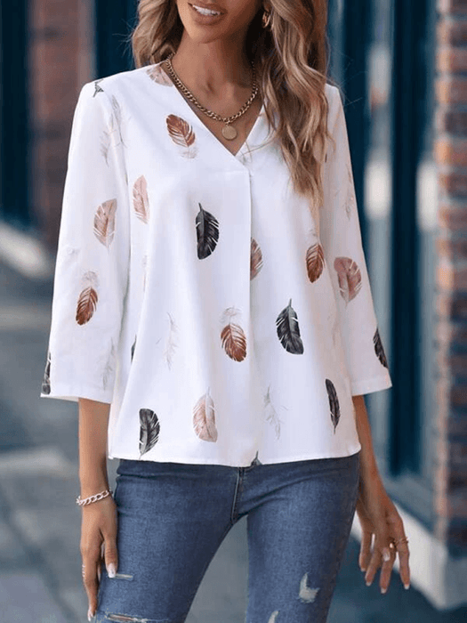 Feather Print V-Neck Loose Blouse for Women