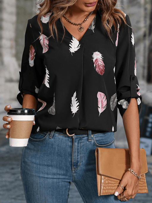 Jakoto | Women's Woven V-Neck Feather Print Cropped Sleeve Loose Blouse