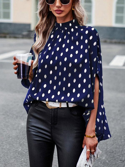 Shimmering Gold Long-Sleeve Blouse with Chic Polka Dot Accents