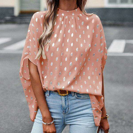 Radiant Golden Dotted Long-Sleeve Blouse for Effortless Chic