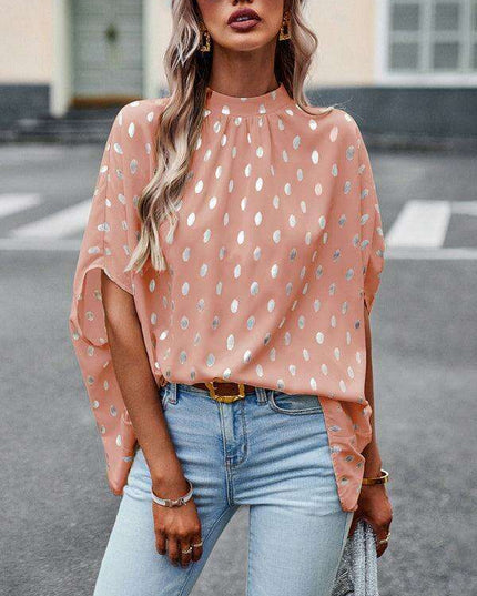 Radiant Golden Dotted Long-Sleeve Blouse for Effortless Chic