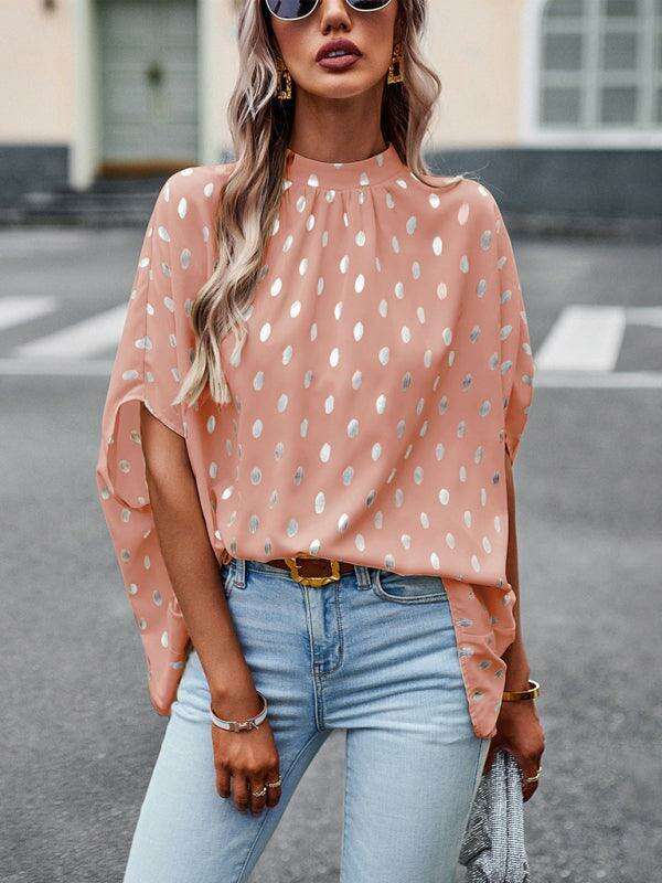 Radiant Golden Dotted Long-Sleeve Blouse for Effortless Chic