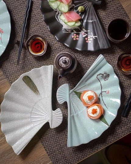 Artistic Japanese Fan-Shaped Ceramic Serving Plate - Sophisticated Tableware for Fine Dining