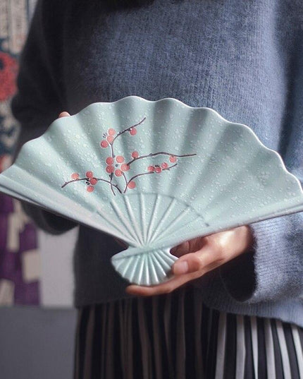 Artistic Japanese Fan-Shaped Ceramic Serving Plate - Sophisticated Tableware for Fine Dining