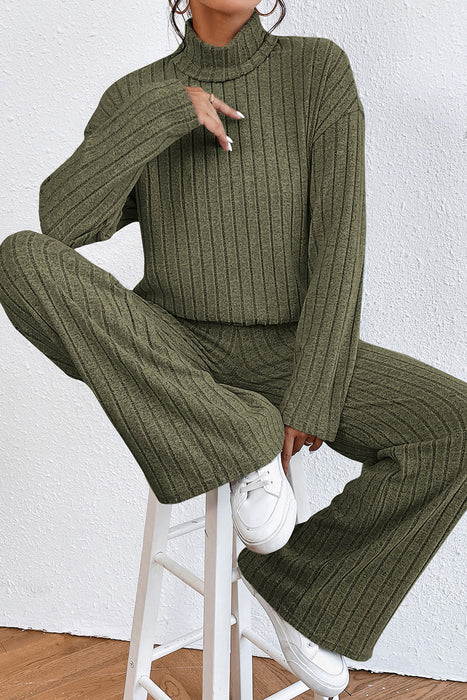 Jungle Green Ribbed Knit High Neck Cozy Top and Trousers Ensemble