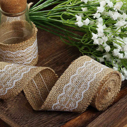AliKopy 2" x 16FT Natural Jute Burlap Ribbon with Wavy Lace Edging