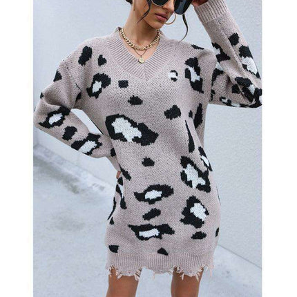 Leopard Print V-Neck Sweater Dress with Cozy Leopard Pattern - Casual Elegance for Autumn-Winter