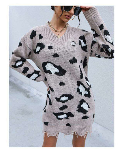 Leopard Print V-Neck Sweater Dress with Cozy Leopard Pattern - Casual Elegance for Autumn-Winter