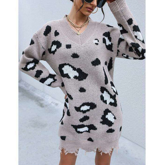 Leopard Print V-Neck Sweater Dress with Cozy Leopard Pattern - Casual Elegance for Autumn-Winter