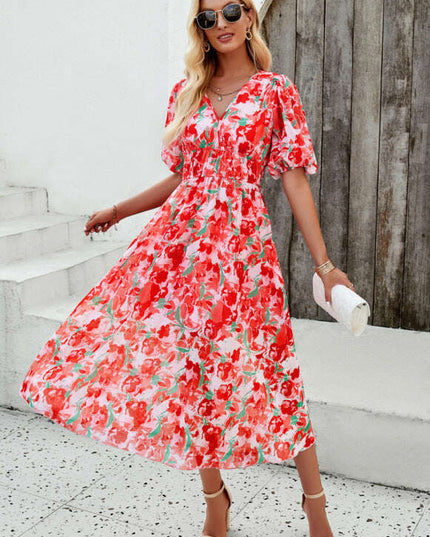 Elegant printed waist V-neck long dress