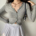 Grey Lace Patchwork V-Neck Knit Crop Top Women's Tee Shirt