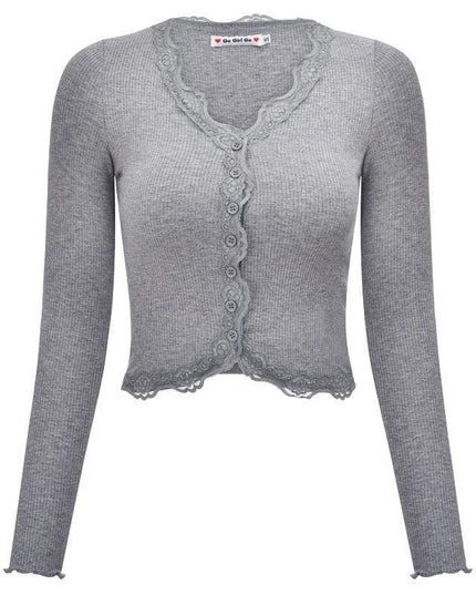 Luxe Grey Lace Patch V-Neck Knit Crop Top - Chic Women's Essential
