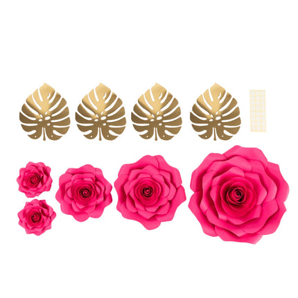 AliKopy Set of 9 Fuchsia 3D Rose Paper Flowers with Gold Leaves