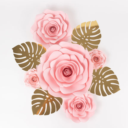 AliKopy Set of 9 Pink 3D Rose Paper Flowers with Gold Palm Leaves Deco