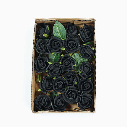 AliKopy 24 Black Foam Roses - 2" Flowers with Wire Stem & Leaves