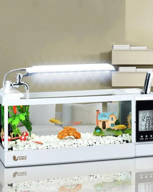 Aquarium Clock Organizer with LED Light and Pen Holder - Elegant Fish Tank Decor