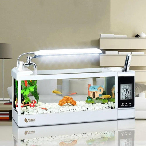 LED Lighted Desk Organizer Aquarium Clock - Elegant Fish Tank Display with Pen Holder