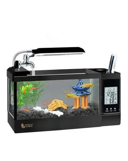 Aquarium Clock Organizer with LED Light and Pen Holder - Elegant Fish Tank Decor