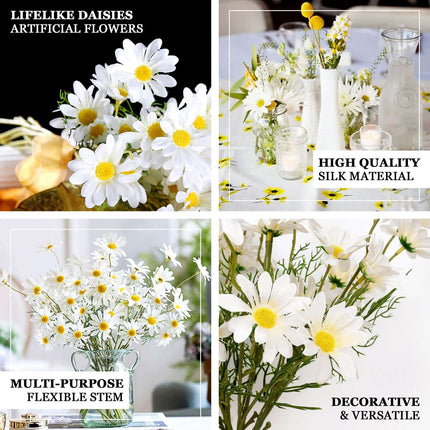 AliKopy 6 White Artificial Silk Daisy Flower Stems - Realistic & Durab
