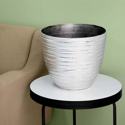 AliKopy 12" Metallic Silver Textured Indoor Flower Pot, Durable & Styl