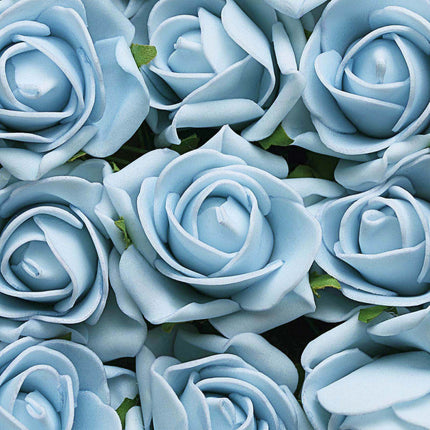 AliKopy 24 Dusty Blue Foam Roses with Stem Wire and Leaves - Realistic