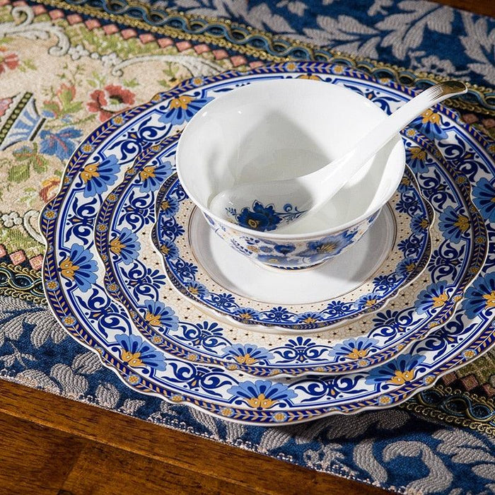 Elegant Blue and White Bone China Dining Set with Italian Floral Motif