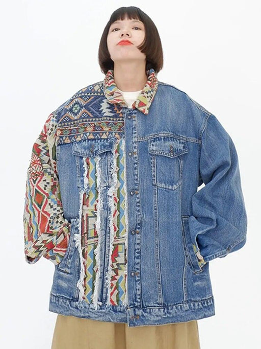 Luxurious Ethnic Denim Coat with Intricate Embroidery and Burrs Patchwork