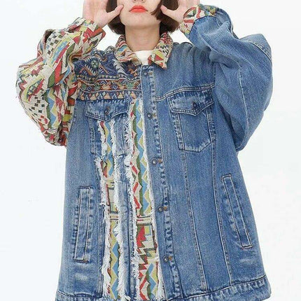 Chic Ethnic-Inspired Embroidered Denim Jacket with Distinctive Burrs Detailing