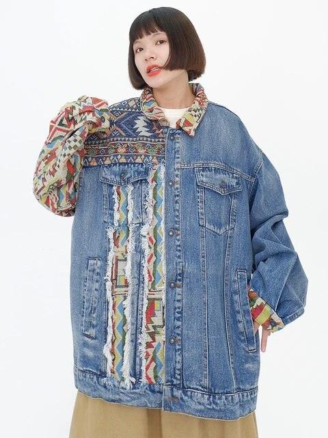 Luxurious Ethnic Denim Coat with Intricate Embroidery and Burrs Patchwork