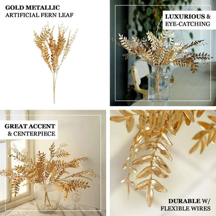 AliKopy 2-Pack Metallic Gold Artificial Fern Branches - 21" Decorative