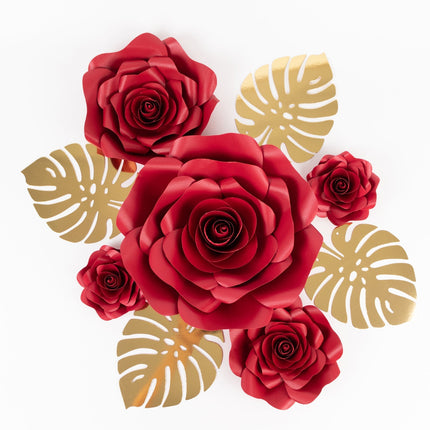 AliKopy Set of 9 Red 3D Rose Paper Flowers with Gold Leaves, Wall Deco