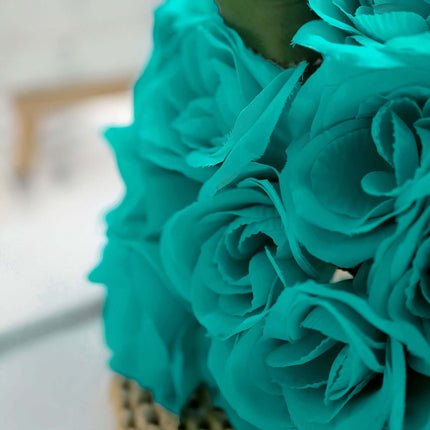 AliKopy 12" Turquoise Velvet-Like Artificial Rose Bouquet - Realistic