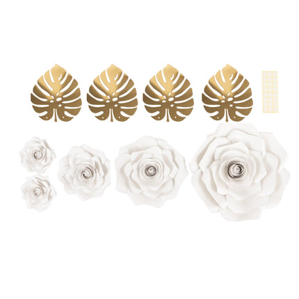 AliKopy 9-Piece White 3D Rose Paper Flowers Set with Gold Palm Leaves