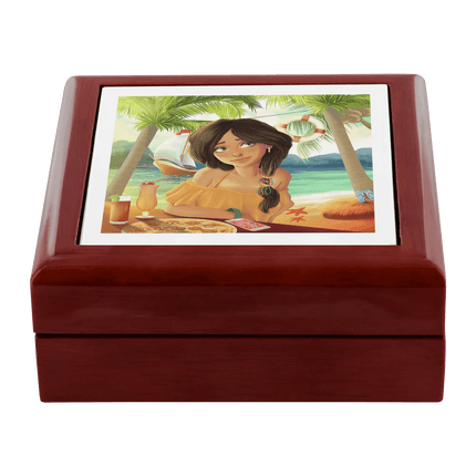 Luxurious Handcrafted Tropical Wood and Ceramic Jewelry Storage Box with Velvet Lining