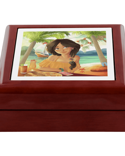 Luxurious Handcrafted Tropical Wood and Ceramic Jewelry Storage Box with Velvet Lining