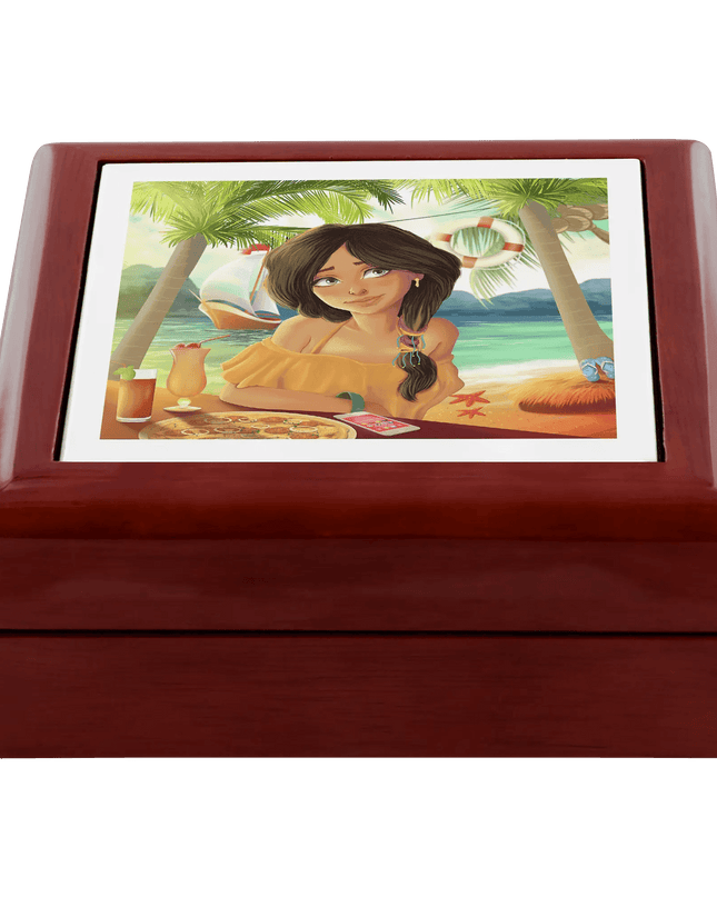 Luxurious Handcrafted Tropical Wood and Ceramic Jewelry Storage Box with Velvet Lining