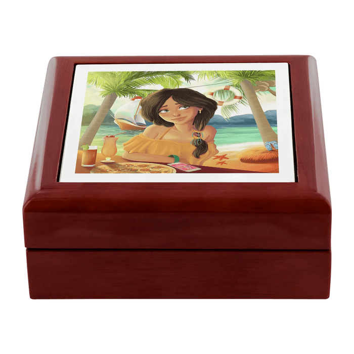 Exquisite Tropical Wood and Ceramic Tiled Jewelry Storage Box with Elegant Felt Lining