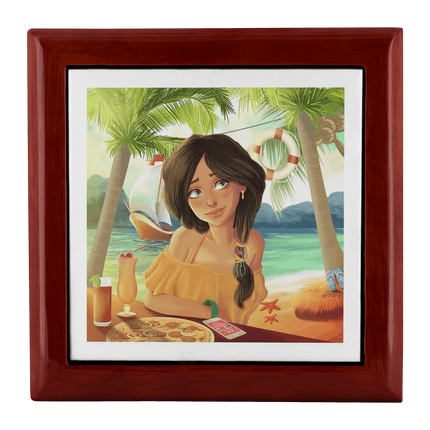 Luxurious Handcrafted Tropical Wood and Ceramic Jewelry Storage Box with Velvet Lining