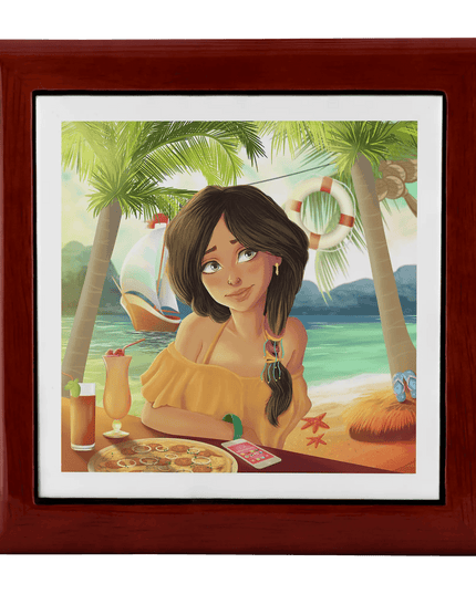 Luxurious Handcrafted Tropical Wood and Ceramic Jewelry Storage Box with Velvet Lining