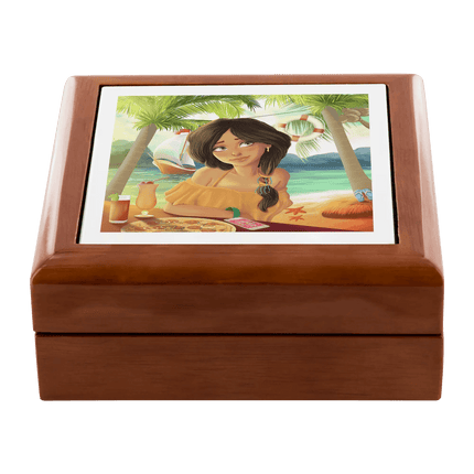 Luxurious Handcrafted Tropical Wood and Ceramic Jewelry Storage Box with Velvet Lining
