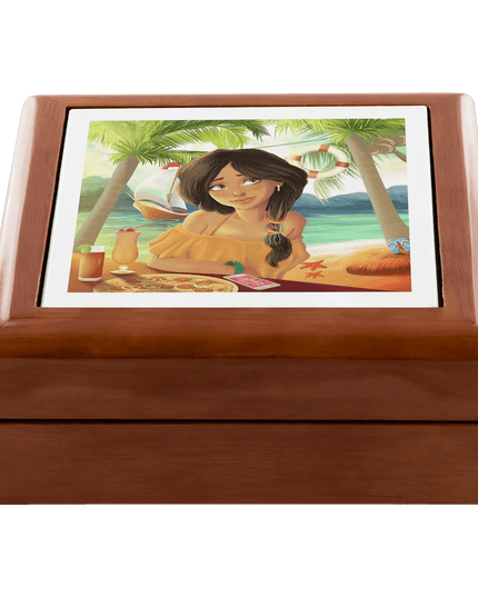Luxurious Handcrafted Tropical Wood and Ceramic Jewelry Storage Box with Velvet Lining