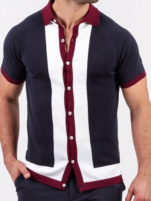 Color Block Men's Casual Short Sleeve Shirt with Single-Breasted Design