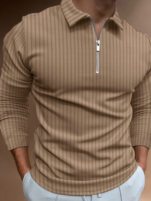 Zipper Accent Men's Striped Long-Sleeve POLO Shirt