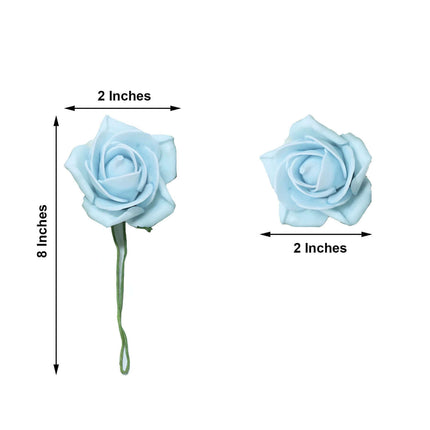 AliKopy 24 Dusty Blue Foam Roses with Stem Wire and Leaves - Realistic