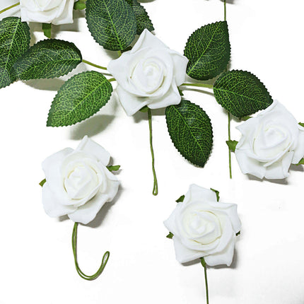AliKopy 24 White Foam Roses - Realistic Look with Stem Wire & Leaves