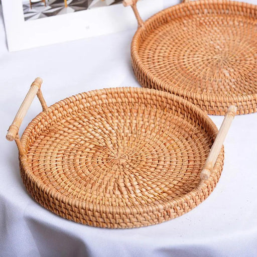 Handcrafted Rattan Tray with Wooden Handles