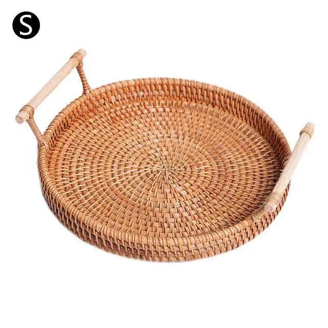 Handcrafted Rattan Tray with Wooden Handles