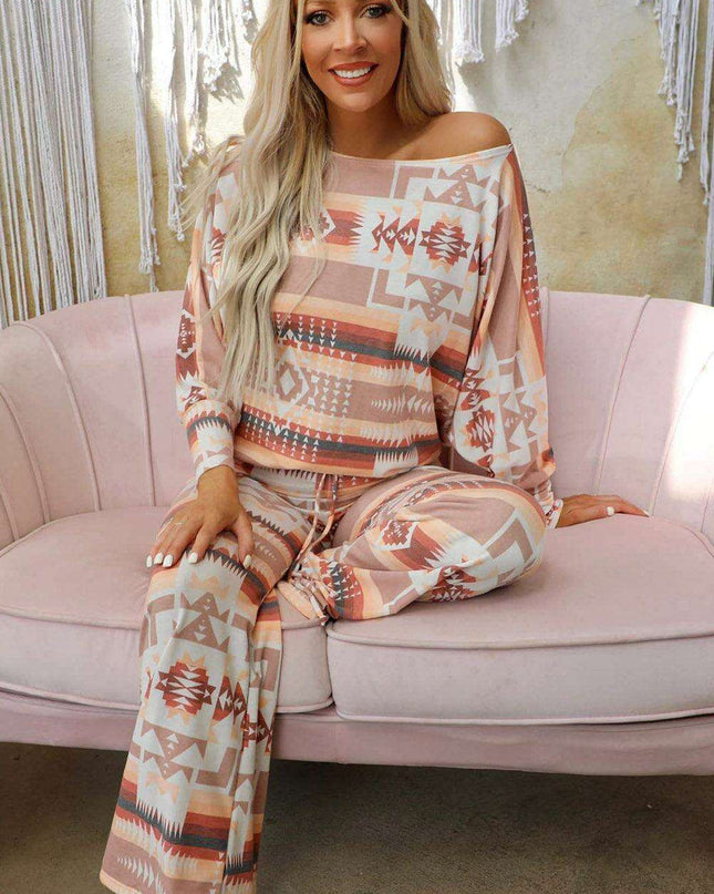 Chic Aztec-Inspired Lounge Set with Elegant Puff Sleeves & Adjustable Drawstring